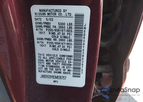 2003 Nissan Pathfinder Se from USA, damaged, VIN JN8DR09Y83W836757